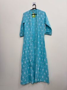 Blue Printed Kurta Set with Jacket