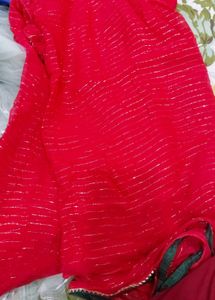 Red Saree with Silver Stripes