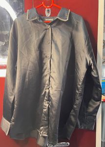Elegant Black Satin Shirt with Pearl Collar