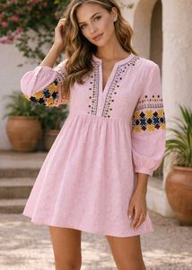 Pink Embroidered Mini Dress