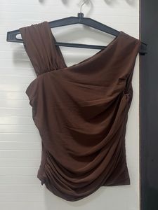 Chic Brown Ruched One-Shoulder Top