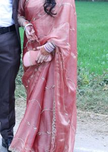 Elegant Rose Gold Saree with Silver Embellishments