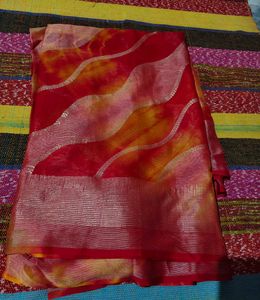 Vibrant Red & Yellow Saree with Silver Border