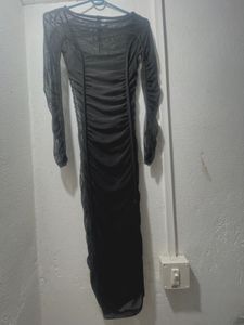 Elegant Black Ruched Mesh Dress
