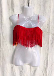 Red Fringe Crop Top with Cowboy Hat