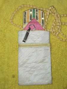 Embroidered mobile sling bag with Beaded Strap and
