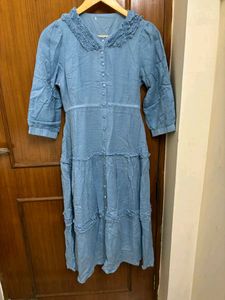 Blue Tiered Midi Dress with Ruffle Collar