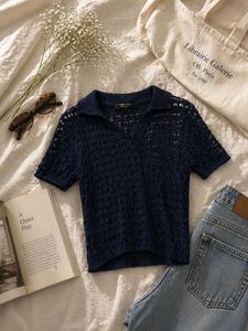 Navy Blue Crochet Polo Top
