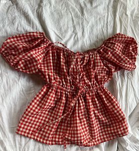 Red Gingham Puff Sleeve Top