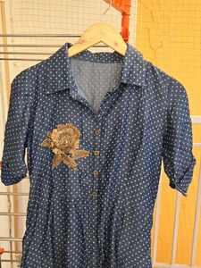 Blue Polka Dot Kurta with Floral Embellishment