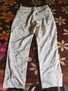 Cream Crown Print Straight Leg Pants