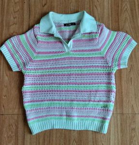Striped Cropped Polo Shirt