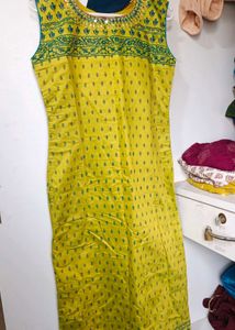Designer Yellow Kurta with Green Print