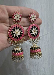 Pink Floral Jhumka Earrings