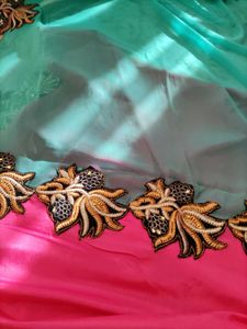 Embroidered Teal and Pink Saree