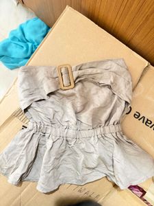 Beige Strapless Peplum Top with Buckle Detail - Li