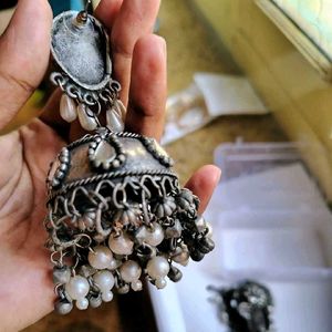 Elegant Oxidized Jumbo Size Pearl Jhumkas