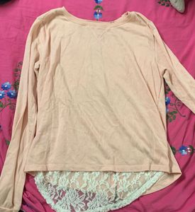 Pink White Lace Full Sleeve Tshirt