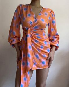Orange & Blue Floral Wrap Mini Dress