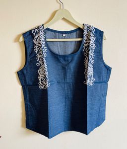 Blue Embroidered Sleeveless Top