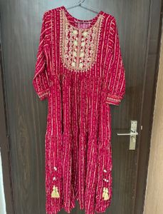 Pink Embroidered Striped Kurti