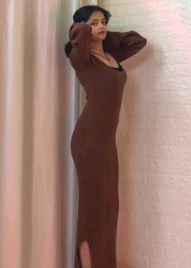Brown Knit Maxi Bodycon Dress