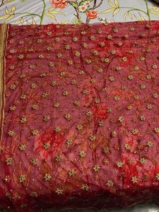 Red Embroidered Dupatta with Floral Print
