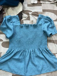 Blue Smocked Puff Sleeve Square Neck Top