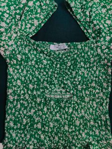 Bershka Green Floral Smocked Crop Top