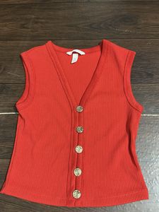 Red Ribbed Button-Up Sleeveless Top