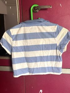 Blue &amp; White Striped Crop Polo Top