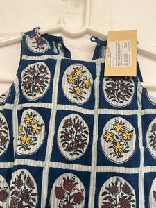 Blue Block Print Kurta with Tassels