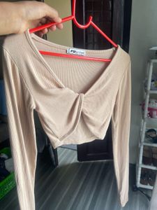Beige Twist Front Long Sleeve Crop Top