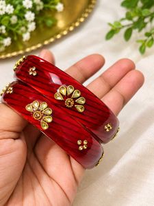 Pack of 2 Elegant Red Bangles with Gold Accents