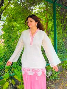 Elegant White &amp; Pink Kurta Set