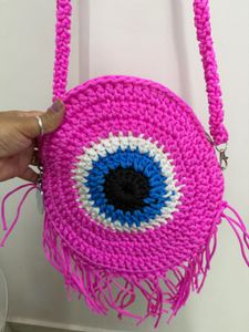 Handmade Crocheted Evil Eye Round Bag per peice on