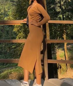 Brown Ribbed Knit Bodycon Dress