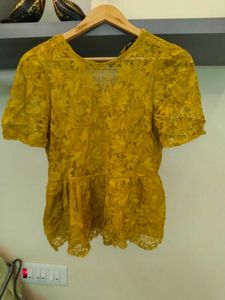 Elegant Yellow Lace Peplum Top