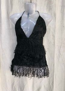 69. Black Velvet Fringe Halter Top