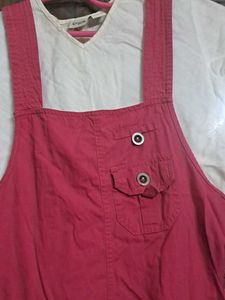 Red Dungaree Dress With White Top