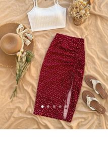 Chic Red Heart Print Ruched Midi Skirt Set