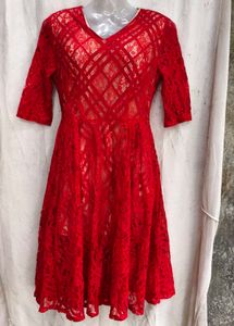 7238. Red Lace Fit and Flare Dress