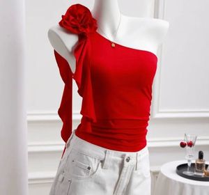 Chic Red One-Shoulder Top with Flower Accent