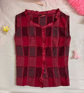 Maroon red checkered button up top