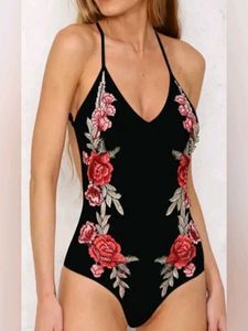 Floral Embroidered Black One-Piece Swimsuit
