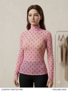 Pink Heart Print Mesh Turtleneck Top