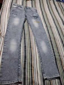 Men's Grey Slim Fit Jeans with Graphic Print
