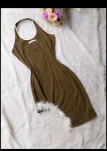 Unique Olive Green Dress with Feather Hem