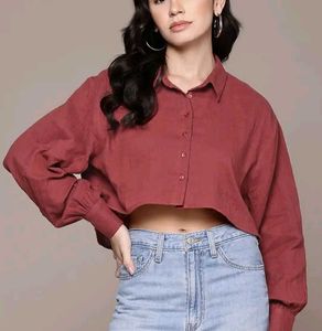 Maroon Cropped Button-Up Shirt