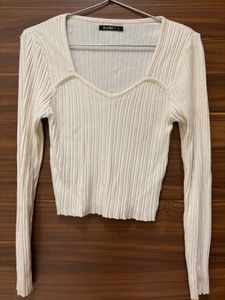 Cream Ribbed Sweetheart Neck Top